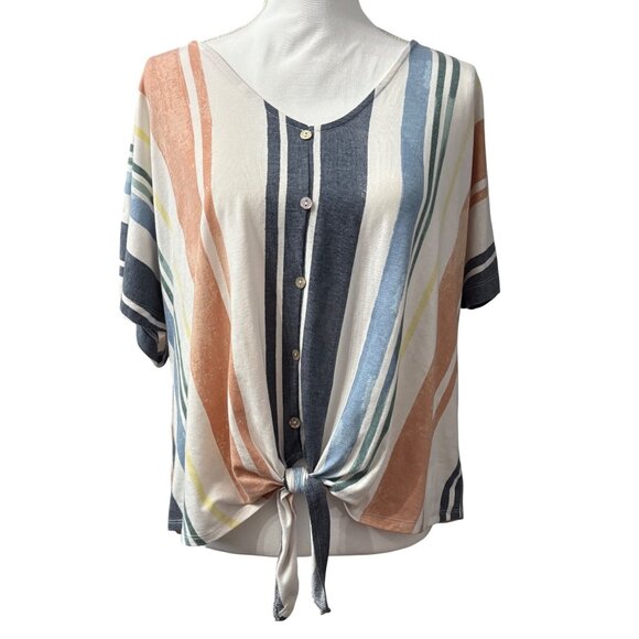 Russel & Sons Tops - Casual Chic Multicolor Striped Short Sleeve Y2K Button Front Tie Hem Blouse 2X